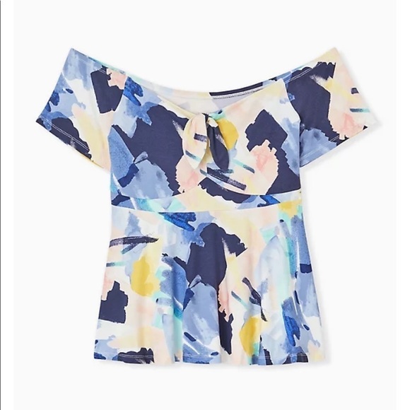 torrid Tops - Torrid SUPER SOFT BLUE BRUSHSTROKES TIE FRONT OFF SHOULDER PEPLUM TOP